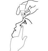 Disegno lineare che mostra una mano che applica gocce di collirio all'occhio di un profilo umano mentre un dito tocca la zona sotto l'occhio