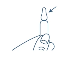 Line drawing of a hand holding a glass vial with an arrow indicating the top of the container