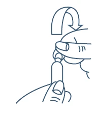 Line drawing showing two hands rotating the top of a vial or cylindrical container with a curved arrow pointing downward