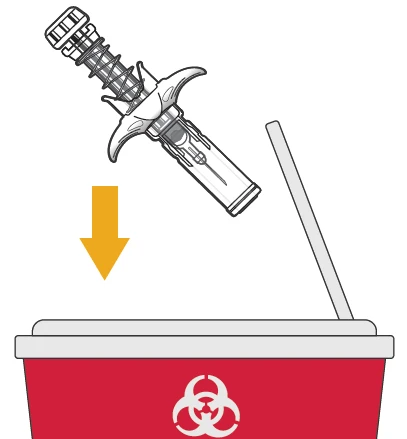 Technical drawing of a syringe with needle being inserted downward into a red biological waste container with biohazard symbol