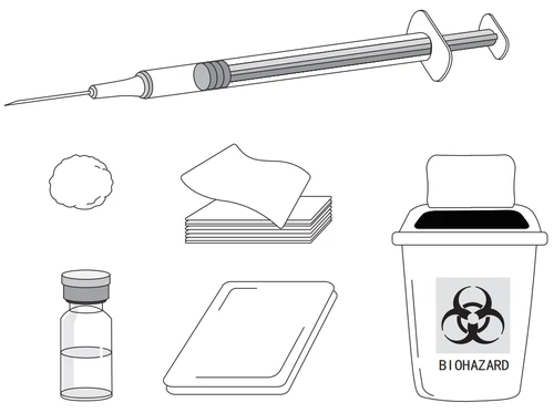 Disegno tecnico di una siringa con ago, un batuffolo di cotone, salviette, un flaconcino di vetro, un vassoio e un contenitore per rifiuti biologici pericolosi