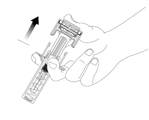 Disegno tecnico di una mano che impugna un dispositivo medico a scatto con una freccia nera che indica il movimento verso l'alto