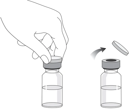 Una mano solleva il tappo grigio da un flaconcino di vetro trasparente contenente un liquido chiaro con una freccia che indica il movimento verso l'alto