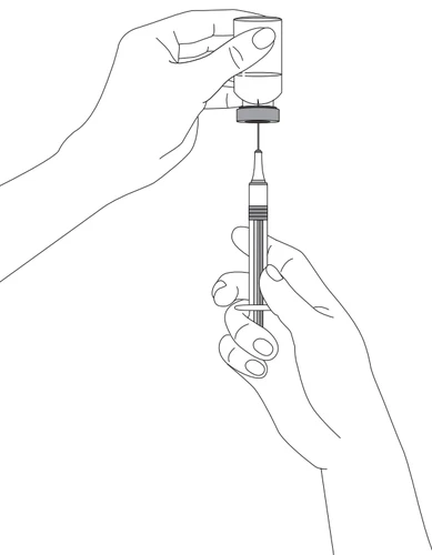 Due mani preparano una siringa collegando l'ago a un flaconcino di vetro per il prelievo del farmaco tramite un disegno lineare in bianco e nero