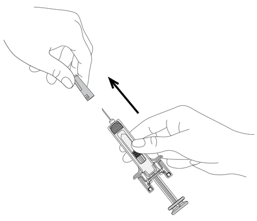 Disegno lineare di due mani che mostrano l'uso di una siringa con un ago rivolto verso un piccolo dispositivo rettangolare indicato da una freccia