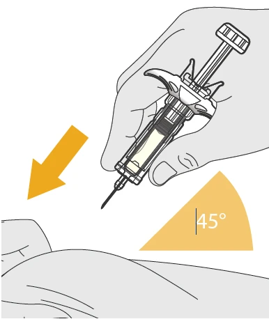 One hand holds a syringe ready for injection