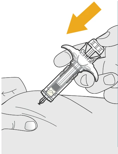 One hand holds a medical device shaped like a syringe to inject its contents into the skin of the body, with an orange arrow indicating direction