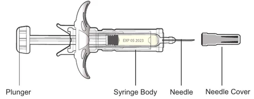 Diagram of a syringe with plunger, syringe barrel showing expiration date, needle, and separate protective needle cap