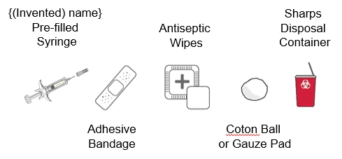 Prefilled syringe, adhesive bandage, antiseptic wipes, cotton ball or gauze, and sharps disposal container