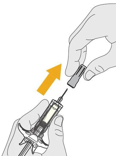 One hand holds a syringe with needle while the other