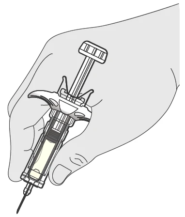 One hand holds a transparent syringe containing liquid