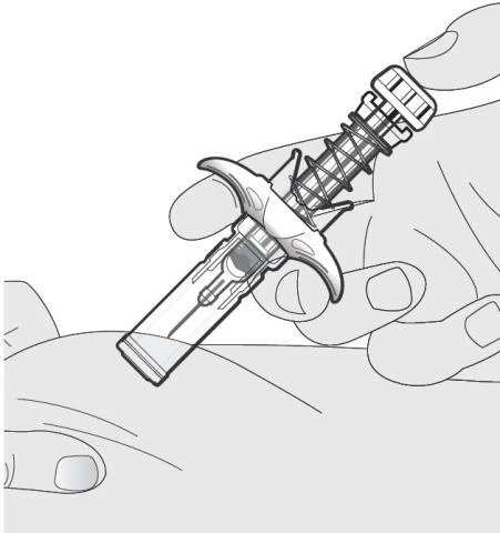 One hand holds a prefilled syringe tilted to inject its contents through the skin of an arm or thigh