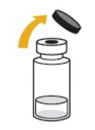Diagram showing a glass vial with a dark cap being removed upward