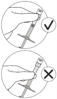 Two circular diagrams show a hand holding a syringe with a green checkmark at the top and a black cross at the bottom