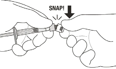 Two hands joining the ends of an injection pen to activate a mechanism indicated by the word SNAP and a black arrow