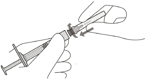 Two hands rotating and separating the components of a syringe with curved arrows indicating unscrewing motion between barrel and needle