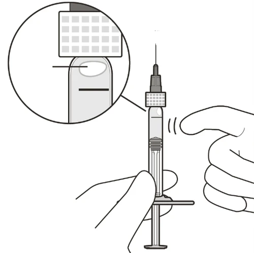 Diagram showing two hands holding a syringe with an inset highlighting finger position on the plunger for administration