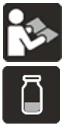 White icon on black background of a person reading a leaflet and a medicine vial with liquid inside