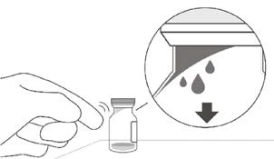 A hand holds a medicine vial while a circular magnification shows liquid droplets moving downward