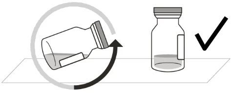 Diagram showing a vial with a rotational movement from tilted to vertical, indicating the correct container position with a checkmark