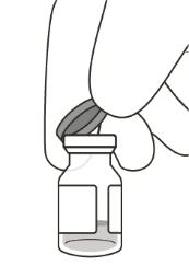 A hand holding a small glass vial with screw cap for drug preparation in a black and white line drawing