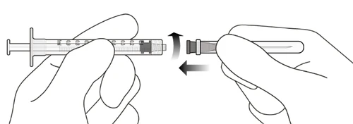 Two hands holding a syringe and a cap, joining them with a rotational movement indicated by two black curved arrows