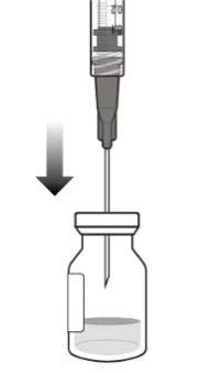 Diagram showing a syringe with needle pointing downward piercing the stopper of a glass vial containing liquid