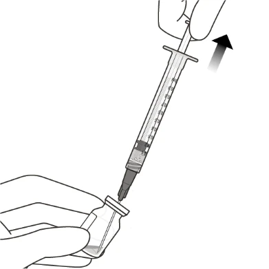 A hand holds a tilted syringe while an inset illustrates proper handling technique