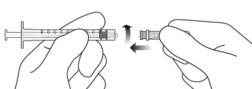 Two hands holding a syringe and a cap apart, with black arrows indicating rotational movement for attachment