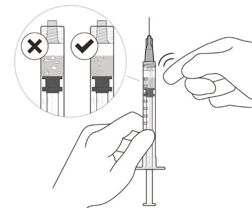 Illustrative diagram showing correct syringe filling with air bubbles being expelled