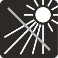 White symbol on black background depicting a sun with stylized rays crossed out by a diagonal line to indicate sun protection