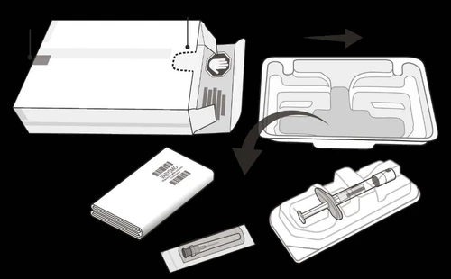 Diagram showing an open box, an empty tray, a leaflet, a single syringe, and a syringe in a tray with container