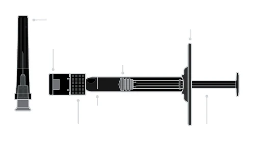 Black and white technical diagram showing exploded parts of a syringe with separated components and thin reference lines