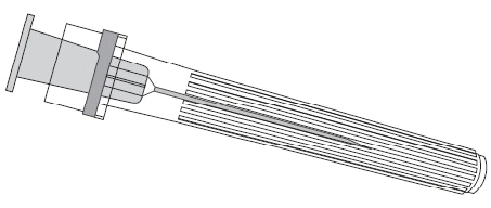 Disegno tecnico di una siringa con ago inserito all'interno di un contenitore cilindrico protettivo trasparente con tappo superiore