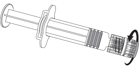 Disegno tecnico di una siringa con una freccia curva che indica il movimento di rotazione della parte terminale per l'avvitamento o svitamento
