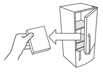 A hand holds a rectangular box and points an arrow toward it