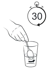 Line drawing of a hand stirring the contents of a plastic cup with a spoon