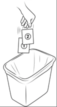 A hand discarding two small containers labeled one and two into a trash bin
