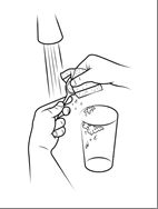 Black and white drawing showing hands rinsing a container under a water stream