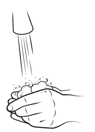 Black and white drawing of two hands being washed under a water stream