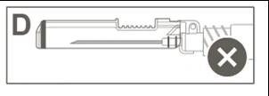 Diagramma tecnico che mostra un dispositivo medico con una punta affilata e un simbolo di errore a forma di X su un cerchio scuro