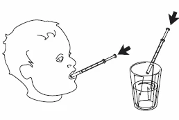 Disegno lineare di un bambino che tiene un'ughetta in bocca accanto a un bicchiere d'acqua con un'altra ughetta immersa all'interno