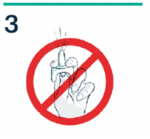 Stylized drawing of a hand holding a medical device with a red prohibition circle and diagonal slash over the