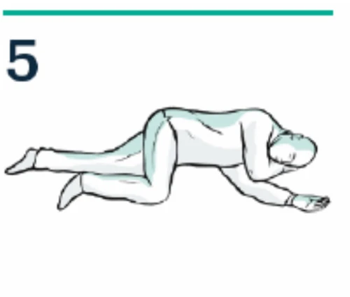 Stylized drawing of a human figure lying on one side with legs slightly bent and head resting on the arm above the number 5
