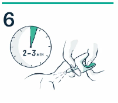 Illustration with the number 6, a clock indicating 2-3 minutes, and hands holding a medical device applied to the skin