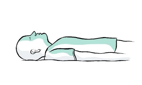 Stylized drawing of a human figure lying on a flat surface with the body facing upward