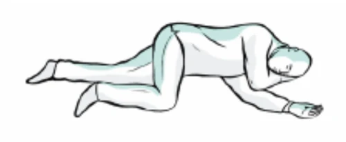 Stylized drawing of a person lying face down with legs slightly bent and head resting on folded arms