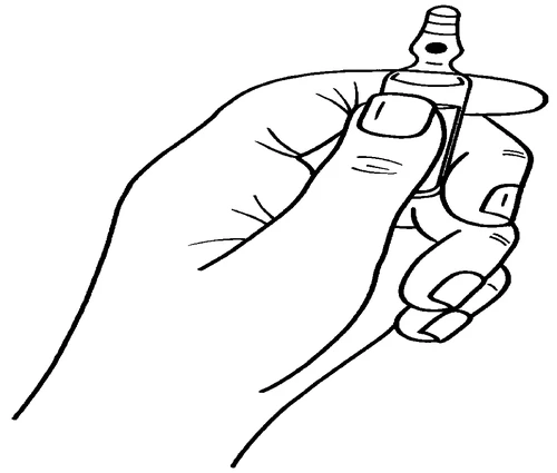 Una mano tiene saldamente una fiala di vetro con il tappo superiore per la preparazione del farmaco tramite disegno lineare in bianco e nero