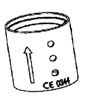 Disegno tecnico di un contenitore cilindrico con una freccia rivolta verso l'alto e tre piccoli fori circolari disposti verticalmente con marchio CE 0344