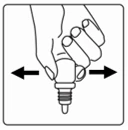 A hand holding a medical vial with lateral movements indicated by two black arrows pointing in opposite directions